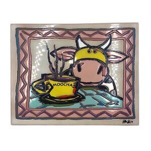 Cow-Themed Ceramic Wall Tile With "Moocha" Coffee Cup Art By Hugo